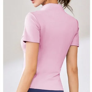 Chaqueta deportiva sin costuras de manga corta ajustada con cuello, con cremallera y alta sujeción, transpirable, para yoga y gimnasio, sin huecos