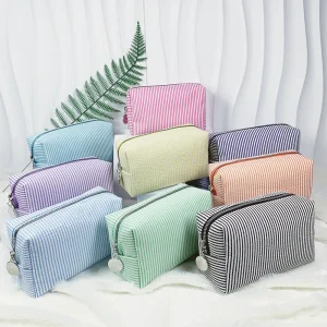 Qetesh Hot-selling Soft Striped Design Makeup Bag Customization Lightweight Portable Travel Large Capacity Cosmetic Storage Bag