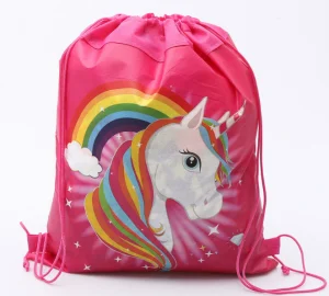 Pink Unicorn Cartoon Kids Drawstring Backpack Nylon String Travel Sports Shoes Drawstring Backpack