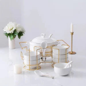 White Ceramic Stockpot Set with Lid Phnom Penh Design Heated Gold Rack Embossed Elegant Dinnerware