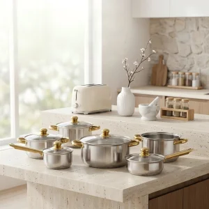 FLEY European Style 12pcs Stainless Steel Cooking Ware Set Durable Gold Handle Pots And Pans Collection For Home Kitchen