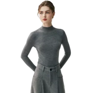 18G Seamless 100% Worsted Merino Wool Women Sweater Mock Half Turtleneck Solid Basic Knit Base Layer Top Wholesale for Boutiques
