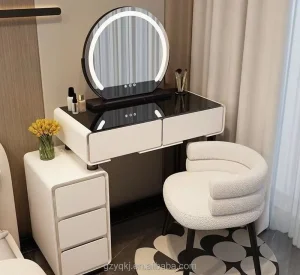 Modern Creamy Style Small-Sized Dressing Table with Rock Board &amp; Tempered Glass Simple Luxury Makeup Vanity