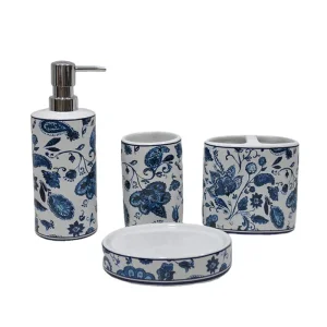 Discount Blue and White Floral Paisley Glossy Glazed Dolomite Bathroom 4 - Piece Set Manufacturers, Products