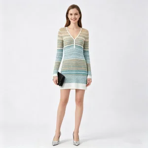 Vestido MIDI de Tricô Oco Listrado com Manga Longa e Decote em V