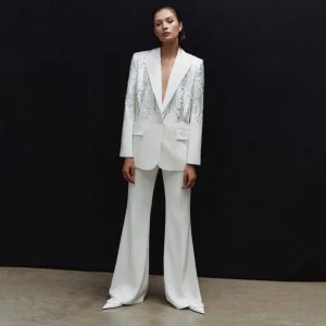 Women White Minimalist Style Blazer Suits Party Garment Long Sleeve Silver Sequined Embroidery Flare Pants Two Piece Set Outfits
