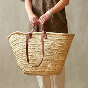Bolsa de Mercado de Palha Feita à Mão com Acentos de Couro Estilo Ecológico para Compras