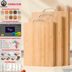 Sustainable Nature Bamboo Fruit Chopping Blocks Metal Handle Bamboo Cutting Board for Restaurant Free Gift Cooking Utensil
