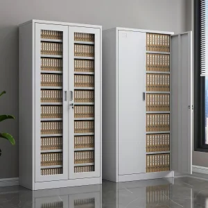 Armario de archivo metálico de doble puerta de vidrio en dos tonos, alto, con estantes interiores ajustables flexibles, almacenamiento práctico y llave individual para documentos de oficina y escuela
