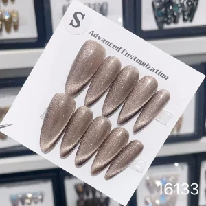 Wholesale Custom Shiny ABS Almond Trapezoid Long Short Acrylic Press on Fake Nails Art Polish Glitter High Quality Rhinestone Cat's Eye Series Design Fingers