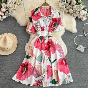 Summer Korean High-Grade Light Luxury Premium Short Sleeve Lapel and Waist Tight Slimming Single-Breasted Printed Casual Dress