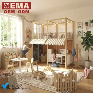 EMA Wooden Montessori Kids Play Loft Furniture for Daycare with Safety Guardrails