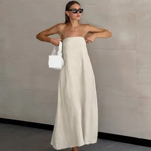 Enyami Cozy Holiday Summer Beach Resort New Style Khaki Cotton Linen Strapless Loose Long Dress Women With Pockets