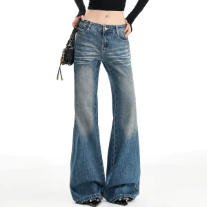 Baixa MOQ Calças Jeans Flare Vintage Lavadas para Mulheres de Cintura Alta Relaxadas com Pernas Largas Retro