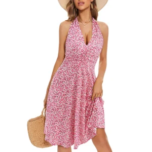 Pink Square Neck Tie Shoulder Bow Strap Stretchy Comfortable Basic Minimalist Fashion Woman Clothes Mini Dress