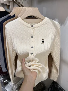 Teddy Bear Embroidered Long Sleeve Sweater Jacket