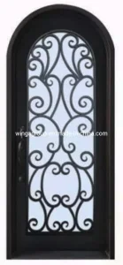 Eyebrow Design Wrought Iron Steel Glass Security Gate Door Custom New Design Arch Double Metal Entrance Wrought Iron Door with Transom