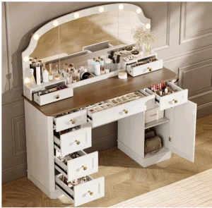 WemFeng ODM/OEM Rustic White Vanity Desk Mirror Lights 47'' 8 Drawers 1 Cabinet 2 Organizer Trays Large Dressing Table