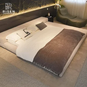 Estructura de cama tapizada minimalista de lujo, cama plataforma de madera de pino macizo