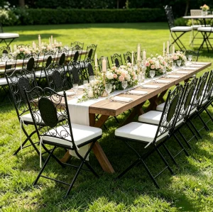 Vintage Wrought Iron Folding Bistro Black Chair with Cushion for Garden Wedding Event Seating