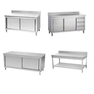 Modern Restaurant Kitchen Equipment Stainless Steel Sliding Door Work Table Cabinet with Splashback