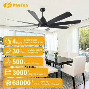 60 Inch 8-Blade Black Ceiling Fan Light LED &amp; 6-Speed Reversible DC Motor Remote Control High Airflow for Large Living Room