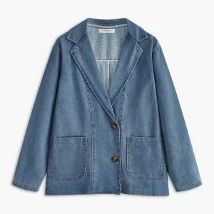 Women Casual Suit Light Wash Single-Breasted Casual Jacket Button Loose Denim Blazer