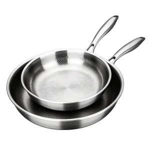 Professional Tri-Ply 304 Stainless Steel Hammered Pan Flat Bottom Nonstick Skillet Glass Lid Easy Clean Hand Wash Only All