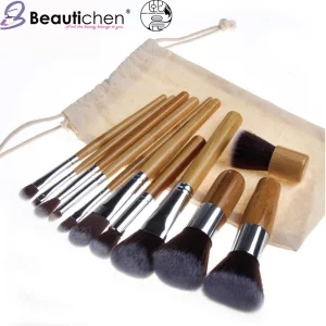 Conjunto de Pincéis de Maquiagem com Cabo de Bambu Beautichen 11PCS com Bolsa de Cânhamo - Conjunto de Pincéis Cosméticos para Blush em Pó e Sombra de Olhos Ecológicos