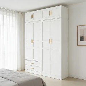 Modern Steel Large Capacity 4-Door Armoire 160cm Wide High Gloss White Wardrobe with Hanging Rods &amp; Drawers for Bedroom Storage