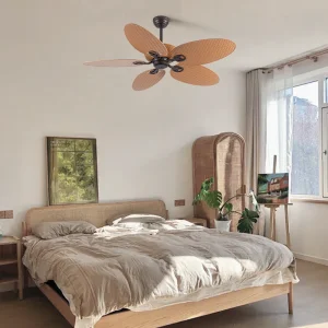 Tropical Breeze 52 Inch Decorative Palm Leaf Rattan Ceiling Fan With Remote Control