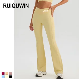 RUIQUWIN 2026 New Women High Elastic Wide Leg Pants High Waist Yoga Flare Pants Outdoor Fitness Tight Sports Pants With Pockets