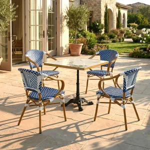 Modern French Marble Pattern Bistro Table Durable Stackable PE Rattan Garden Chairs Set for Commercial Furniture Home Bar
