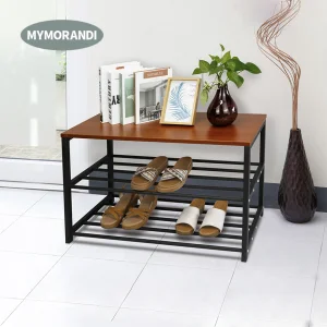 3 Tiers Modern Solid Wood Shoe Rack Metal Shelf Shoe Bench for Entryway