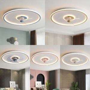 Smart Bedroom Fan Lamp Ceiling Round Macaron Ceiling Fan Lamp Household with Electric Fan Children Warm Cartoon Lamp