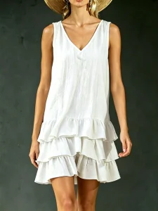Vestido Mini Sem Mangas com Decote em V, Camadas de Renda, Vestido Casual em Linho para o Verão