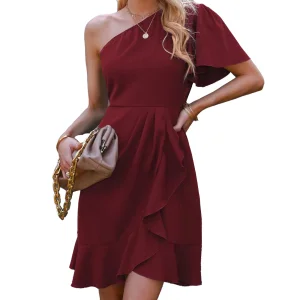 2025 Fashion Summer Solid Color Slash Neck One Shoulder Dress