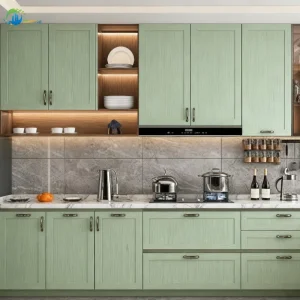 L-Shaped Light Green Kitchen Cabinets with Dishwasher