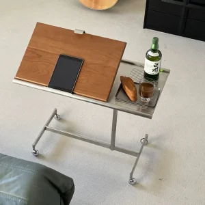 Mobile Adjustable Solid Wood Side Table with Wheels