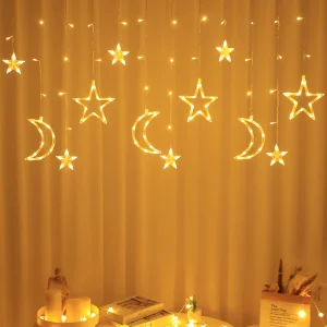 Cortina de Luzes em Forma de Lua e Estrela LED