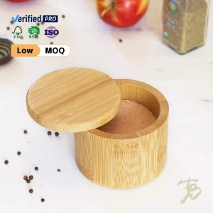 Wholesale Eco-Friendly Bamboo Custom Logo Reusable Wood Salt Cellar Box Jar With Lid for Kitchen