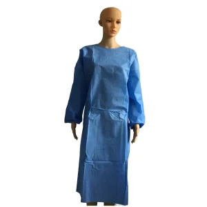 Batas desechables azules resistentes a fluidos SMS con mangas largas y puños de punto, lazos en la cintura y el cuello para uso civil, comercial, médico, dental, de laboratorio y hospitalario