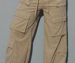 Women Plus Size Breathable Washed Mid-Waist Canvas Cargo Pants Elastic Waist Regular Fit Multi Pocket Moto Biker Wide Leg Autumn