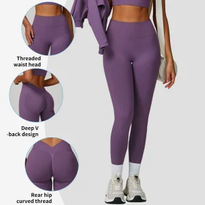 Pantalones de yoga sin costuras color durazno con cuello en V, ajustados, para correr, deportivos, de secado rápido, para fitness