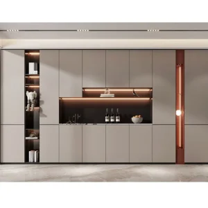 Minimalist Dining Sideboard Plywood Glass Doors LED Light Strip Storage Cabinet