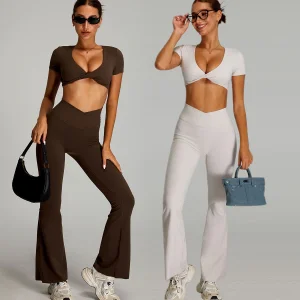 Latest Design Deep V Sexy Y2k V Shape Flare Activewear Sports Gym Pilates Women's Sets Summer Short Sleeve Loungewear Women Sets