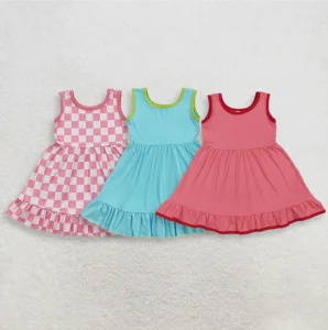 Toddler Girls Summer Tank Dress Multiple Colors Soft Cotton Sleeveless Play Dress with Ruffles