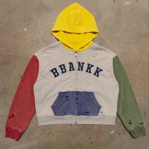 QYOURECLO Custom Distressed Washed Color Block Thick Cotton Hoodies Men Screen Printed Oversized Zip Up Hoodie