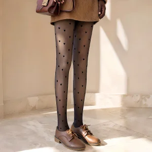 Women's Polka Dot Love Winter Warm Sexy Elastic Translucent Pantyhose Female Fleece Thermal High Waist Slim Tight Leggings