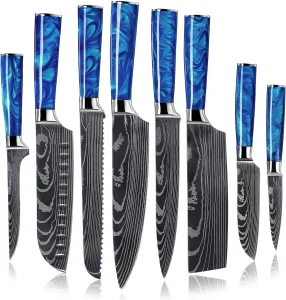 8-Piece Japanese Knife Set - Blue Resin Handle, Laser Damascus Blades - Chef's, Santoku, Bread &amp; Paring Knives